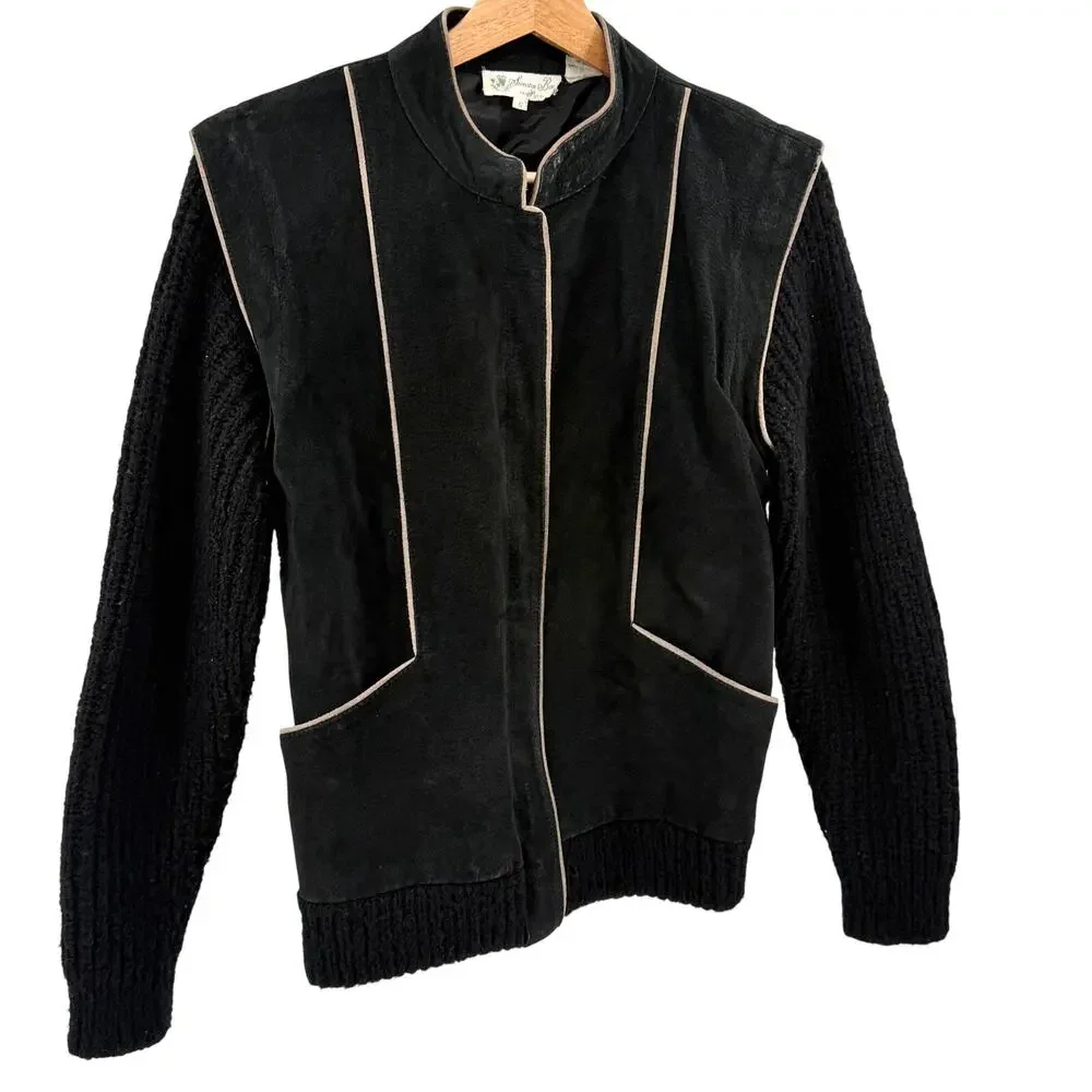 Vintage 70s Sweater Bee Black Suede Trim Zip-Front Sweater Jacket